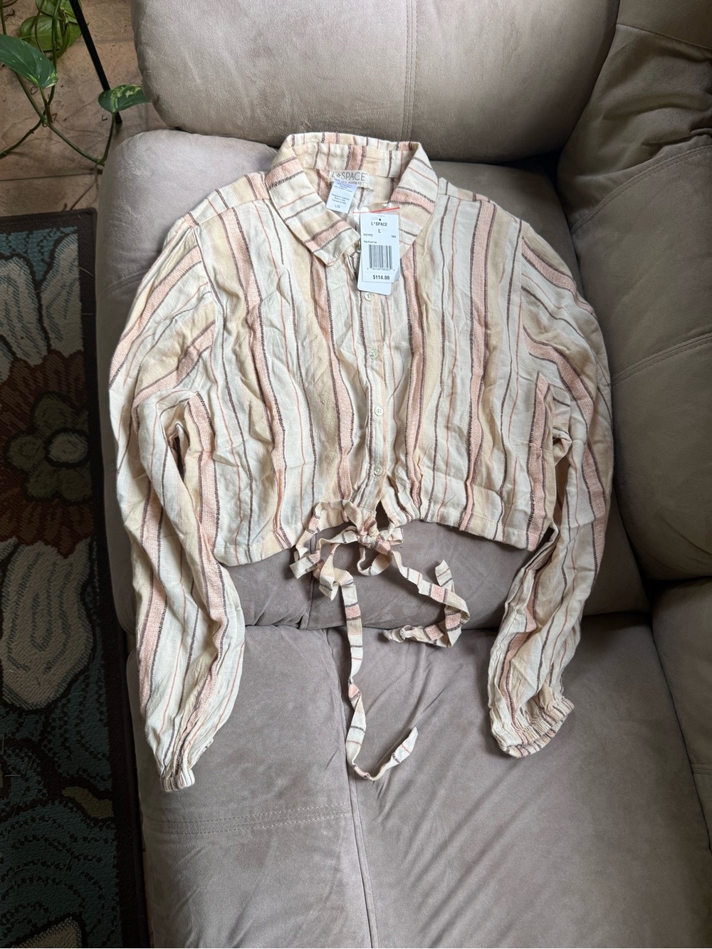 l*space Cream and Pink Striped Tie-Front Cropped Button Shirt NWT